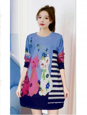 Stripes and Cats Printed Jersey Knit Fashion Top 